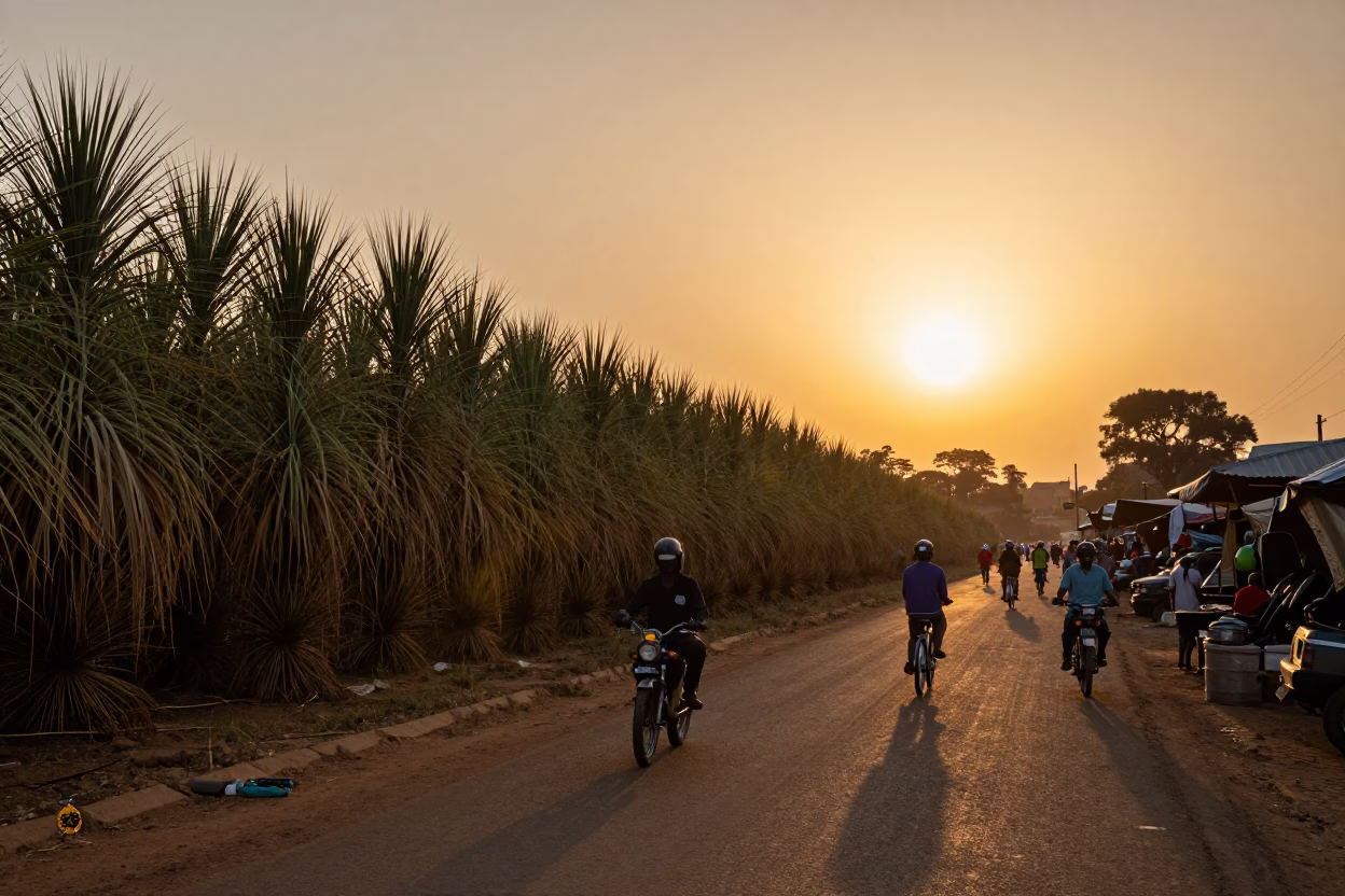 Nairobi Kenya Sunset Street Scene with Sisal Plantation Rows and Local Commerce in in Nairobi, Kenya