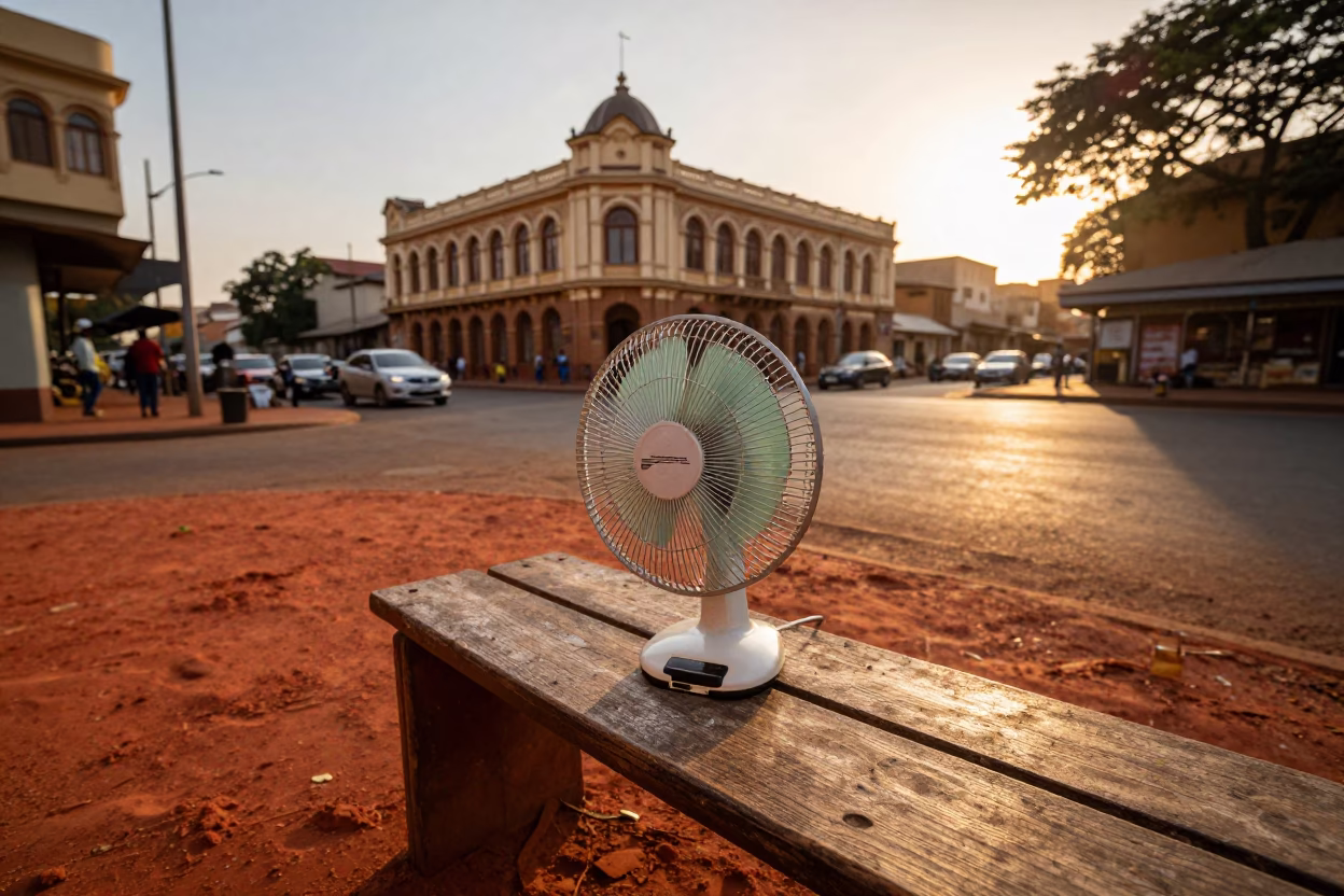 Nairobi Kenya Sunset Street Scene with Table Fan and Padlock on Wooden Bench in in Nairobi, Kenya