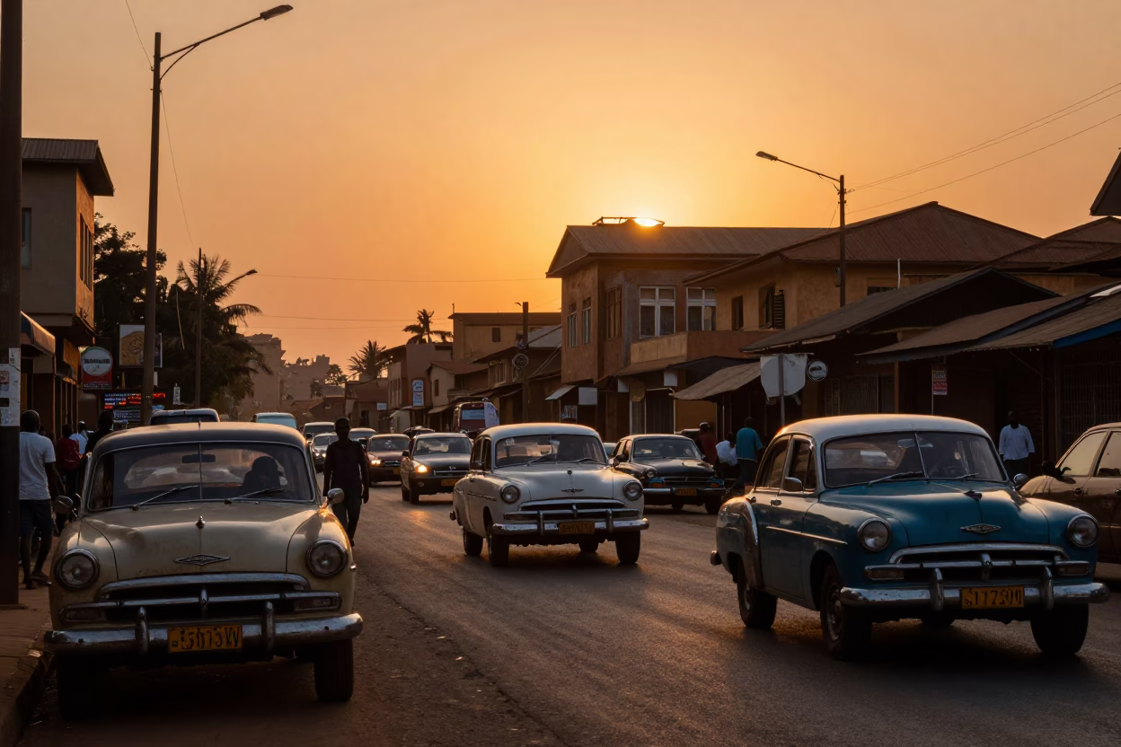 Nairobi Kenya Sunset Street Scene with Vintage Cars and Busy Traffic in in Nairobi, Kenya