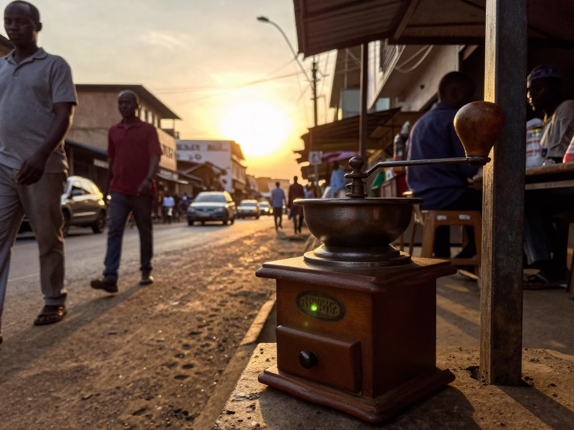 Nairobi Kenya Sunset Street Scene with Vintage Coffee Grinder and Local Market Life in in Nairobi, Kenya