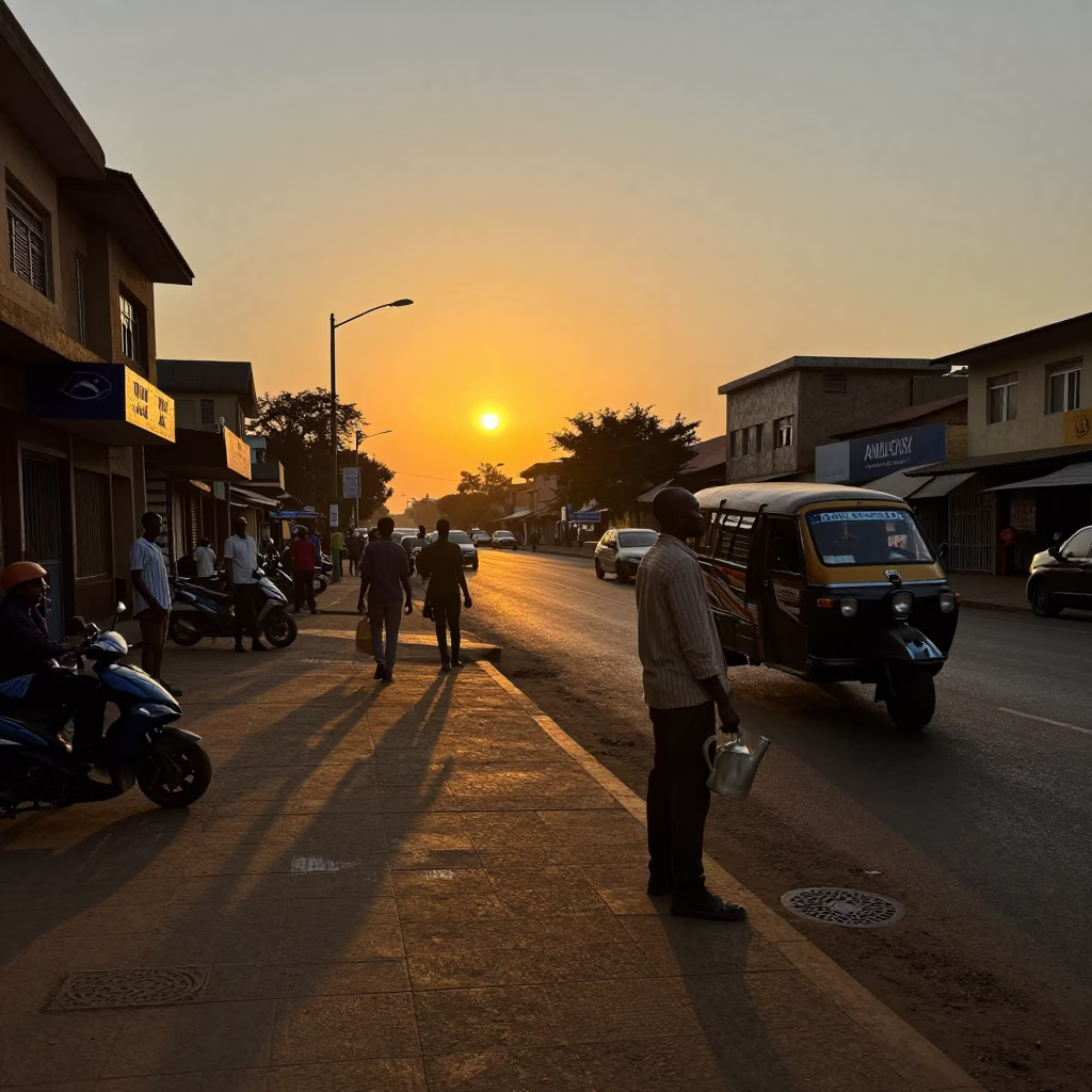 Nairobi Kenya Sunset Street Scene with Watering Jug and Urban Life in in Nairobi, Kenya