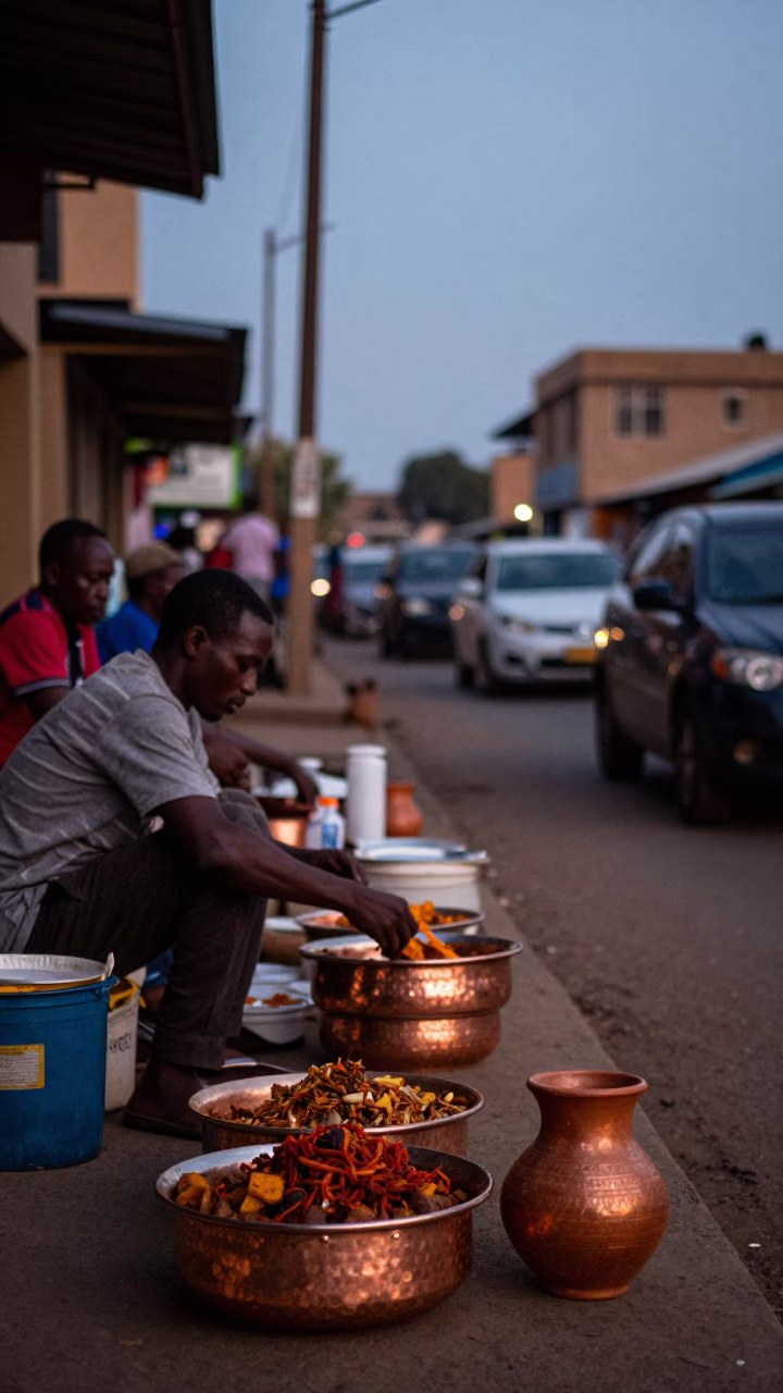 Nairobi Kenya twilight street scene with copper bowls and terracotta pot in in Nairobi, Kenya