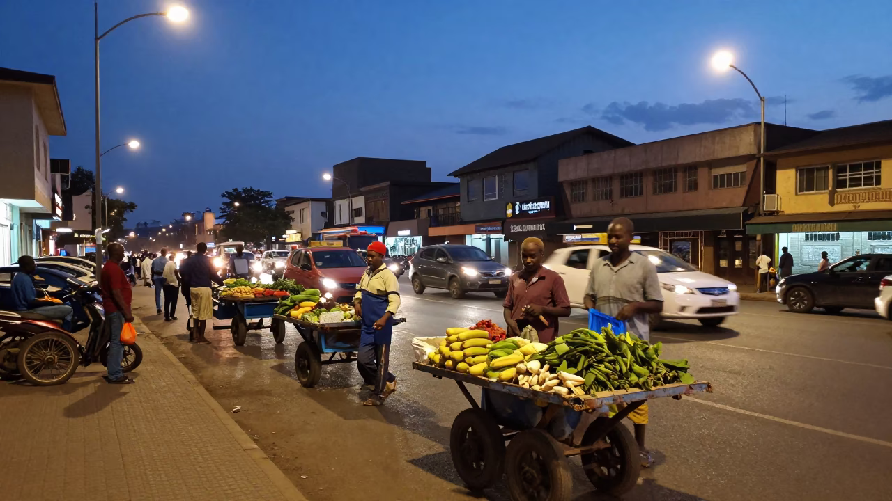 Nairobi Kenya Twilight Street Scene with Rolling Carts and Urban Activity in in Nairobi, Kenya