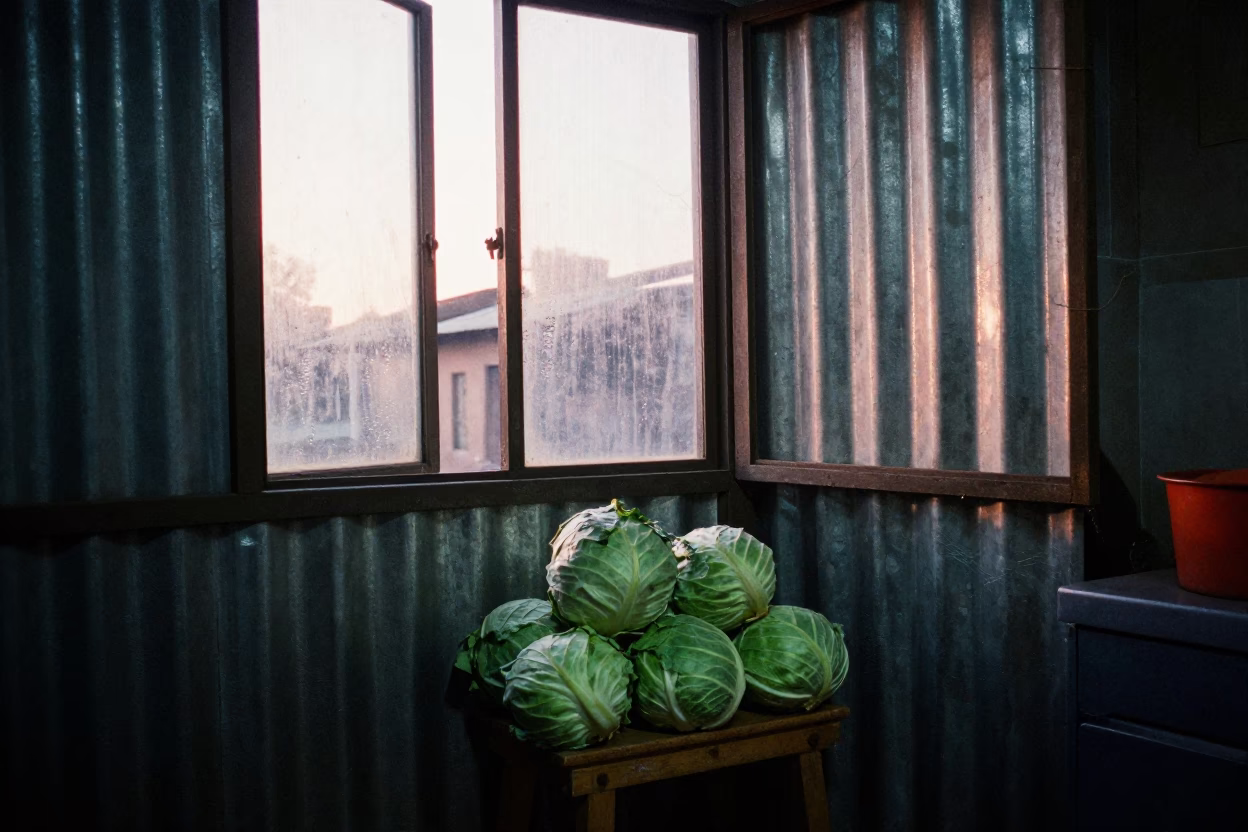 Nairobi Kitchen Dawn Light Reflects on Steel Near Cabbage Stool in in Nairobi, Kenya