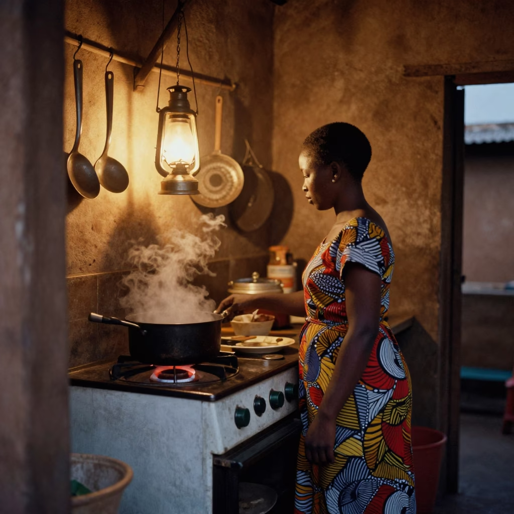 Nairobi kitchen evening scene with hanging utensils and simmering pots in in Nairobi, Kenya