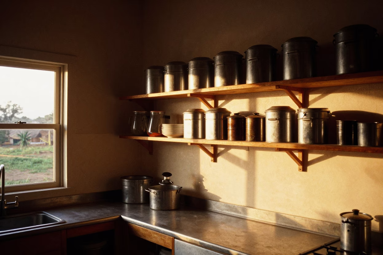 Nairobi Kitchen Interior at Golden Hour with Storage Tins and Kitchen Shelves in in Nairobi, Kenya