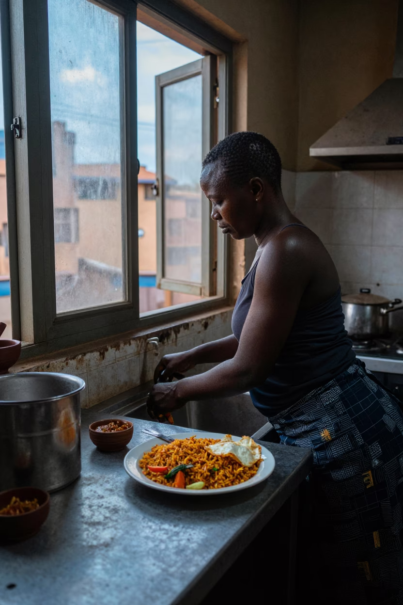 Nairobi Kitchen Morning Light with Jollof Rice and Fried Plantain at Nautical Dawn in in Nairobi, Kenya