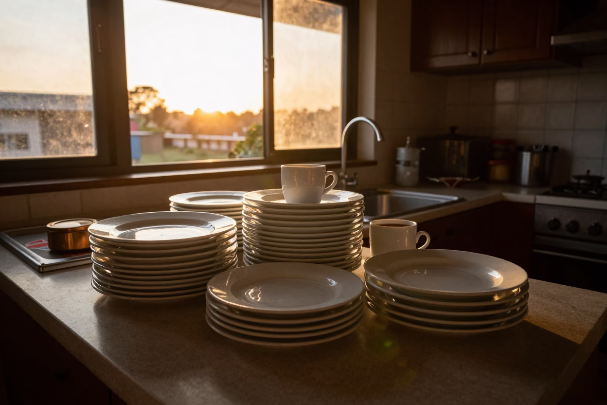 Nairobi Kitchen Sunset Stacked Plates and Espresso Cup on Countertop in in Nairobi, Kenya