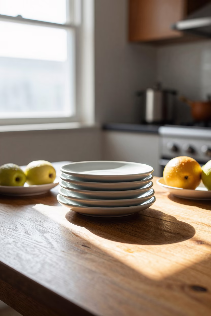 Nairobi Kitchen Window Light on Stacked Saucers and Fruit Bowl in in Nairobi, Kenya