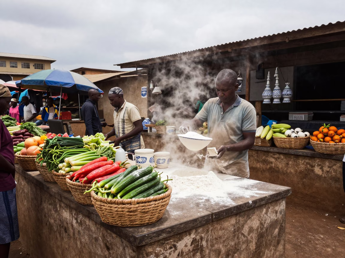Nairobi Market Stall Overcast Midday Flour Dust and Porcelain Jars in in Nairobi, Kenya