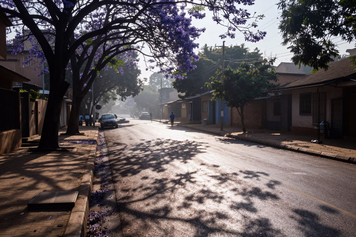 Nairobi Morning Street Scene with Leaf Shadows and Dawn Light in in Nairobi, Kenya
