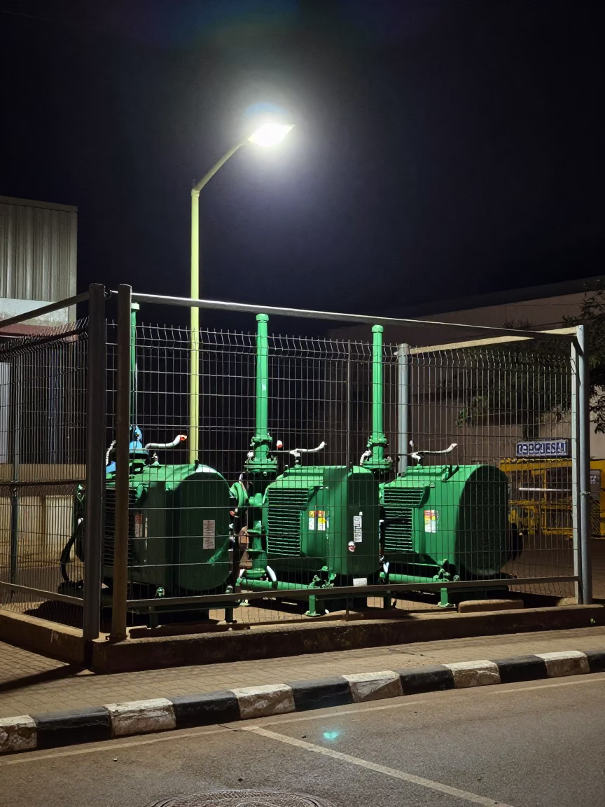 Nairobi Night Street Scene Sewage Pump Station Green Pumps in in Nairobi, Kenya