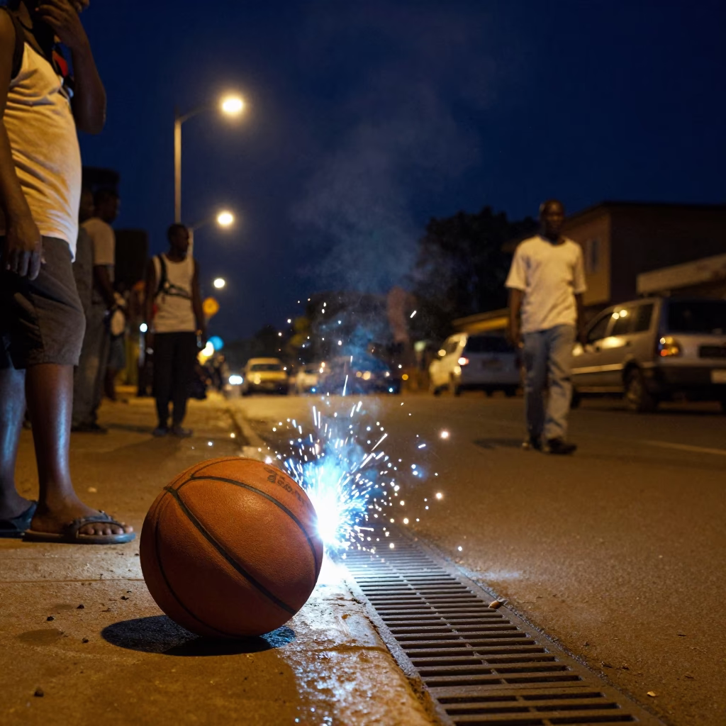 Nairobi Night Street Scene Under Deep Sky With Welding Sparks And Basketball in in Nairobi, Kenya