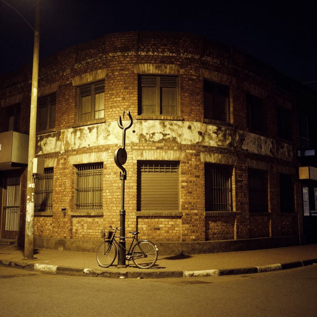 Nairobi Night Street Scene with Iron Hook and Bicycle Near Art Deco Hotel Facade in in Nairobi, Kenya