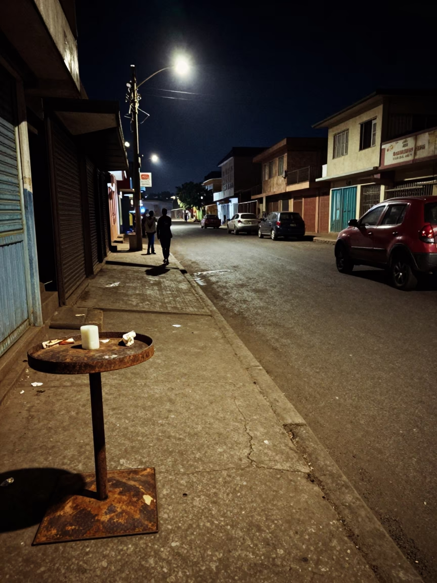 Nairobi Night Street Scene with Umbrella Stand and Soap Bottle on Concrete Pavement in in Nairobi, Kenya