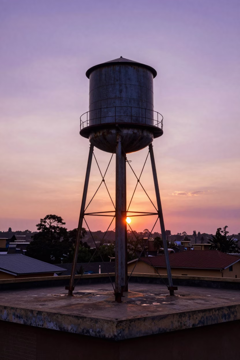 Nairobi Rooftop Water Tower at Sunset in 1950s Kenya in in Nairobi, Kenya
