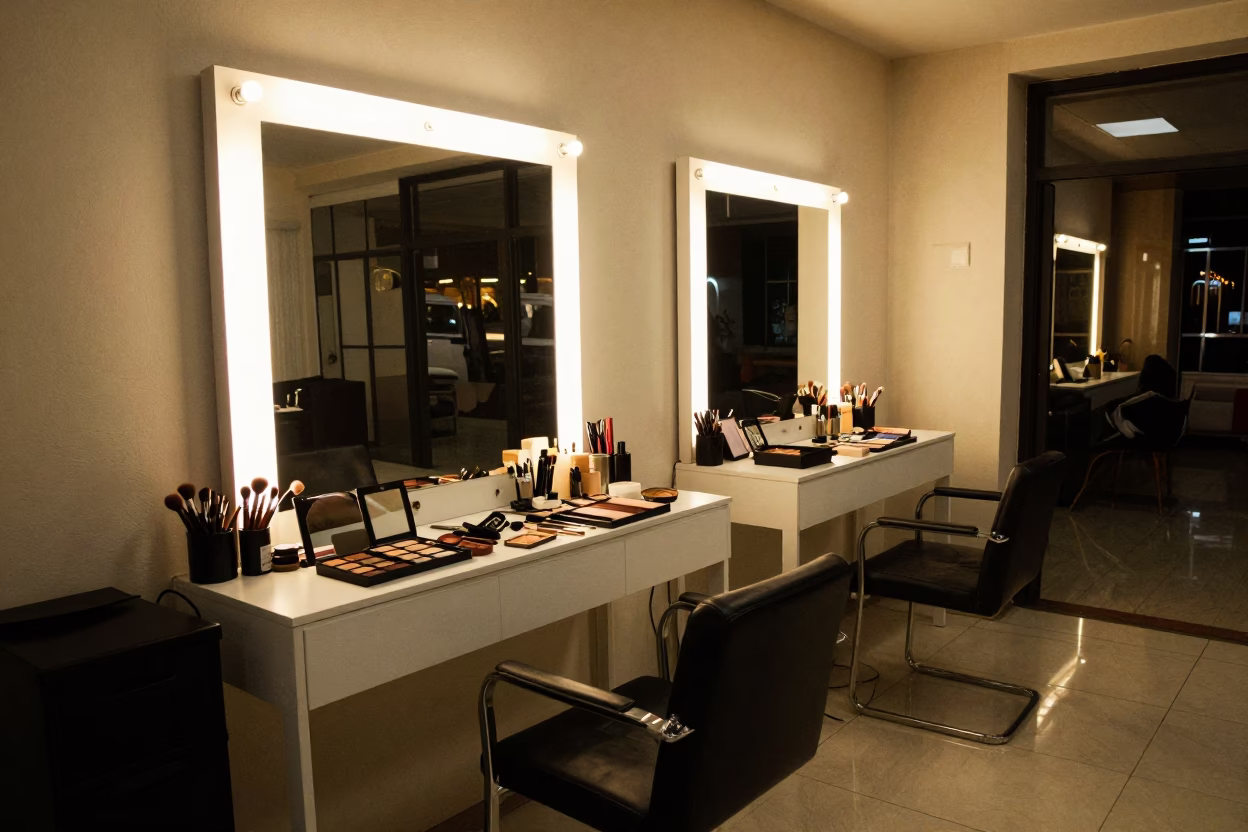 Nairobi Salon Makeup Station with Warm Evening Light in at a salon reception counter in Nairobi