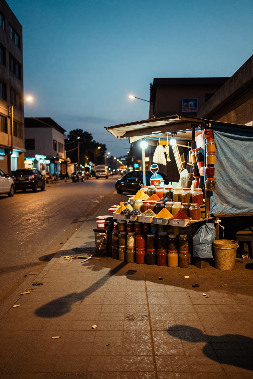 Nairobi street corner at dusk with spice jars and exercise books near city lights in in Nairobi, Kenya