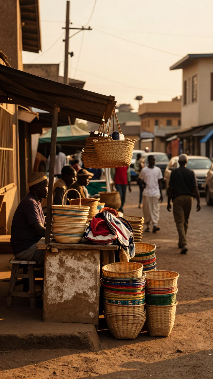 Nairobi street corner with vendors and woven baskets at golden hour in in Nairobi, Kenya