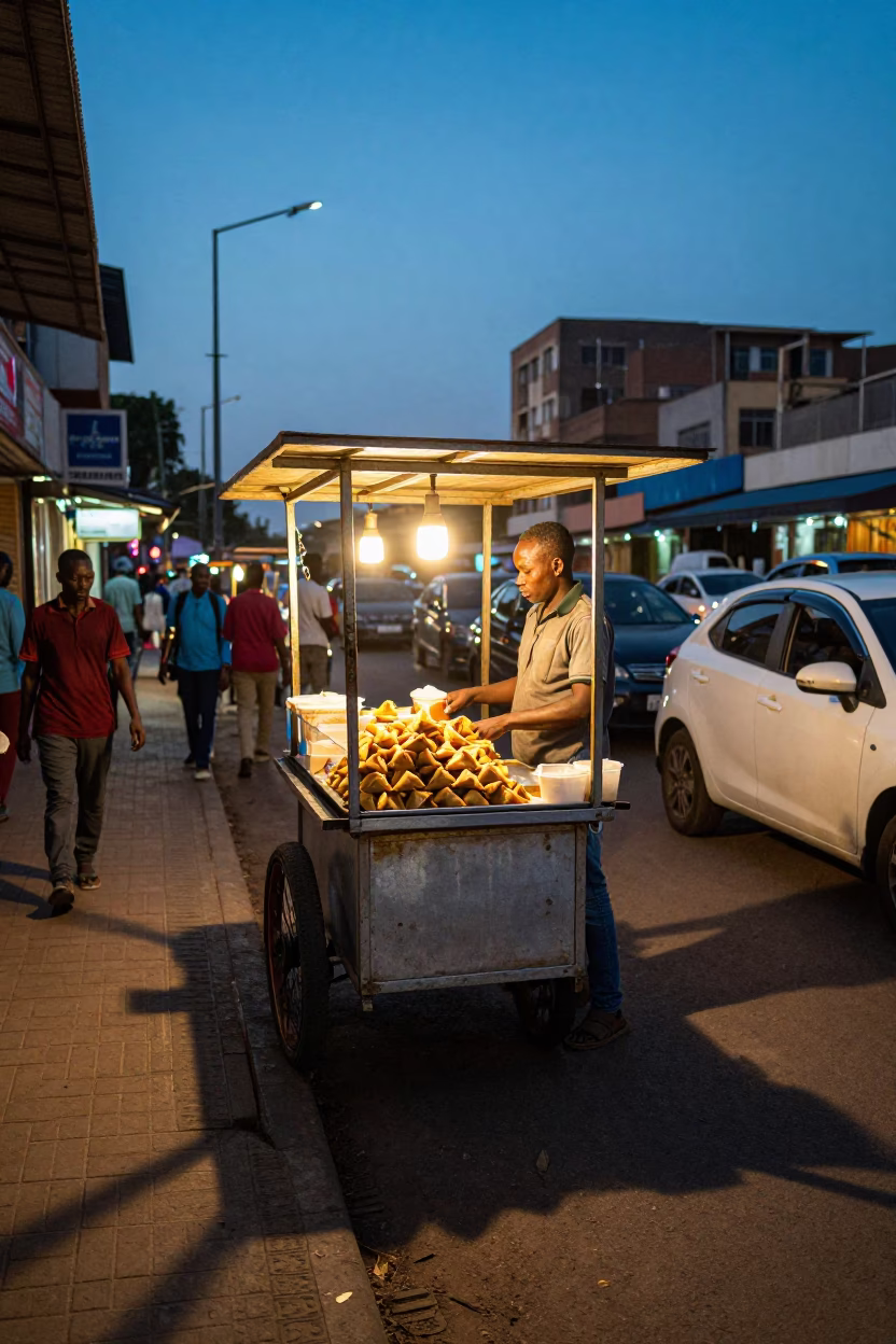 Nairobi street food stall at blue hour with sambusa and busy city life in in Nairobi, Kenya