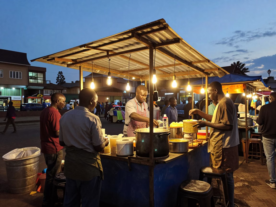 Nairobi Street Food Stall at Dusk with Hanging Lights and Local Vendor in in Nairobi, Kenya