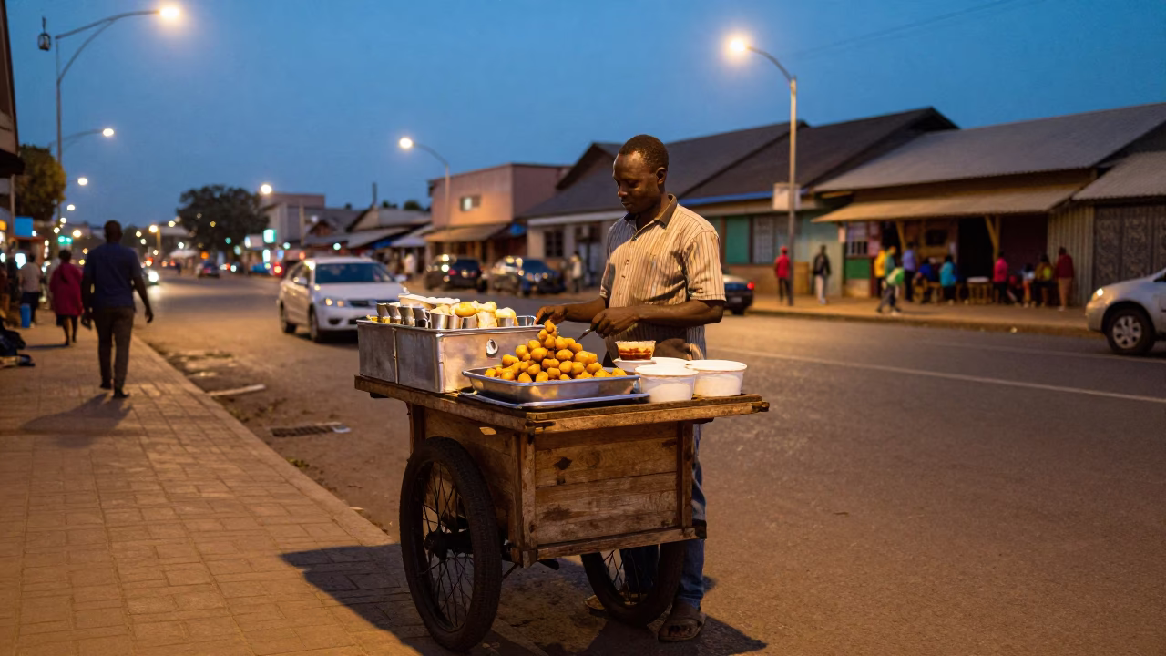 Nairobi Street Food Vendor at Blue Hour with Accra Fritters and Sauce in in Nairobi, Kenya