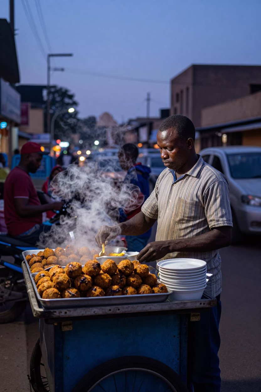 Nairobi Street Food Vendor at Twilight Selling Falafel and Pita with Tahini in in Nairobi, Kenya