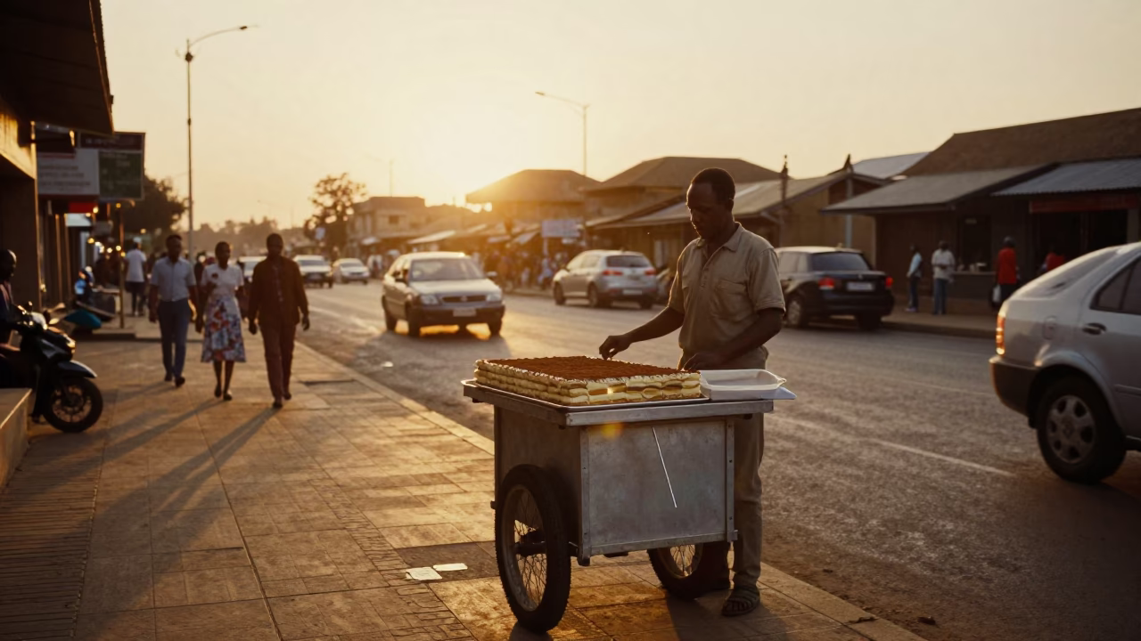 Nairobi Street Food Vendor Selling Tiramisu at Sunset with Busy Traffic in in Nairobi, Kenya