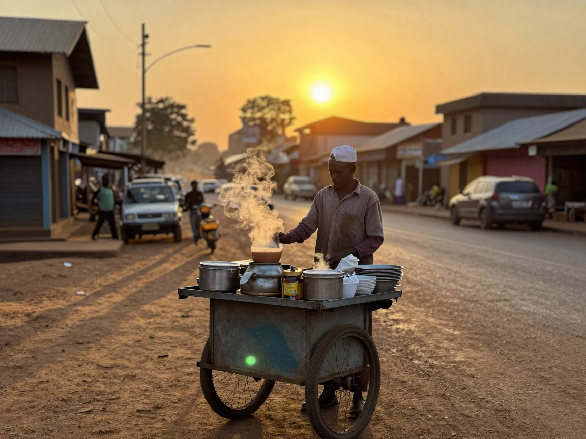 Nairobi Street Food Vendor Serving Chai with Cardamom Steam at Sunset in in Nairobi, Kenya