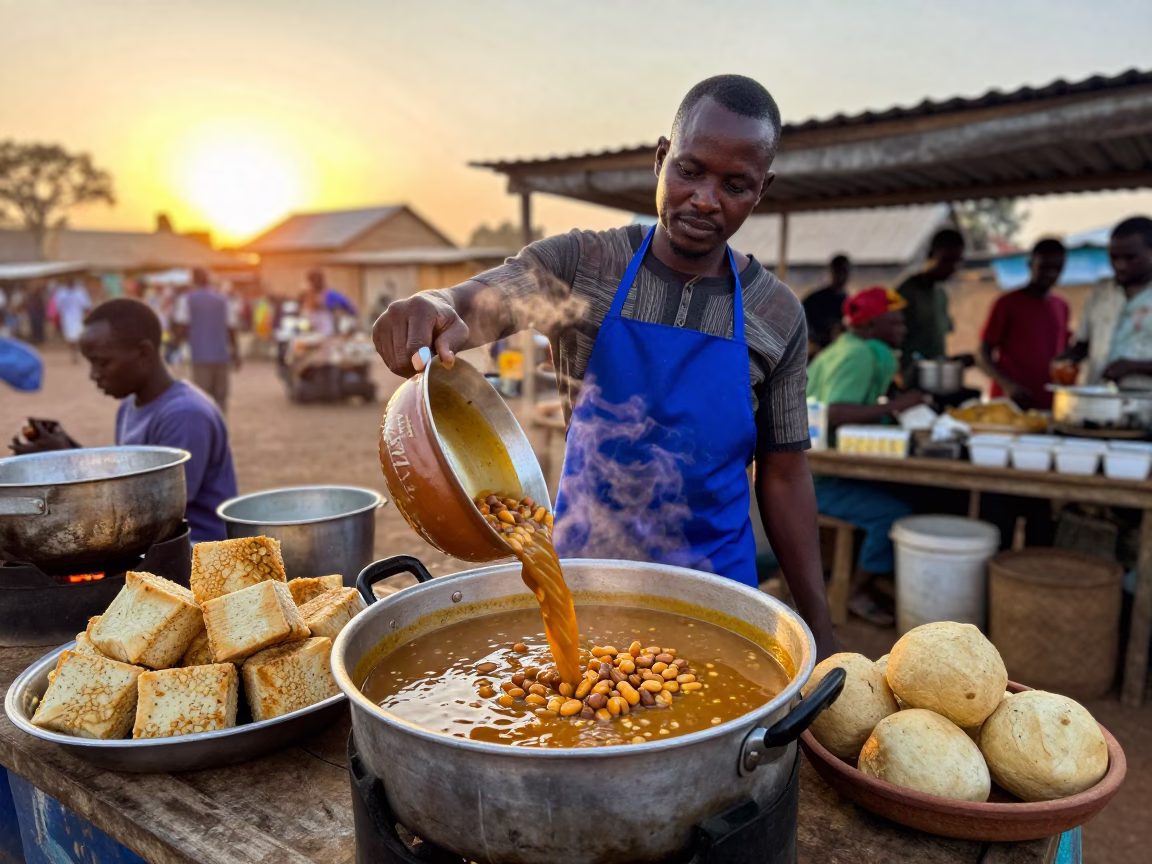 Nairobi street food vendor serving groundnut soup with fufu at golden hour in in Nairobi, Kenya