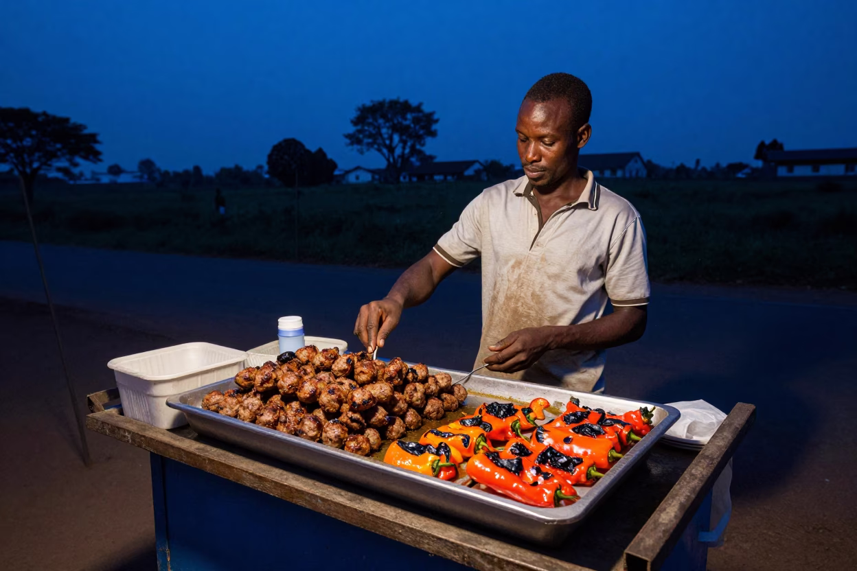 Nairobi Street Food Vendor Serving Kofte and Grilled Peppers in Indigo Twilight in in Nairobi, Kenya