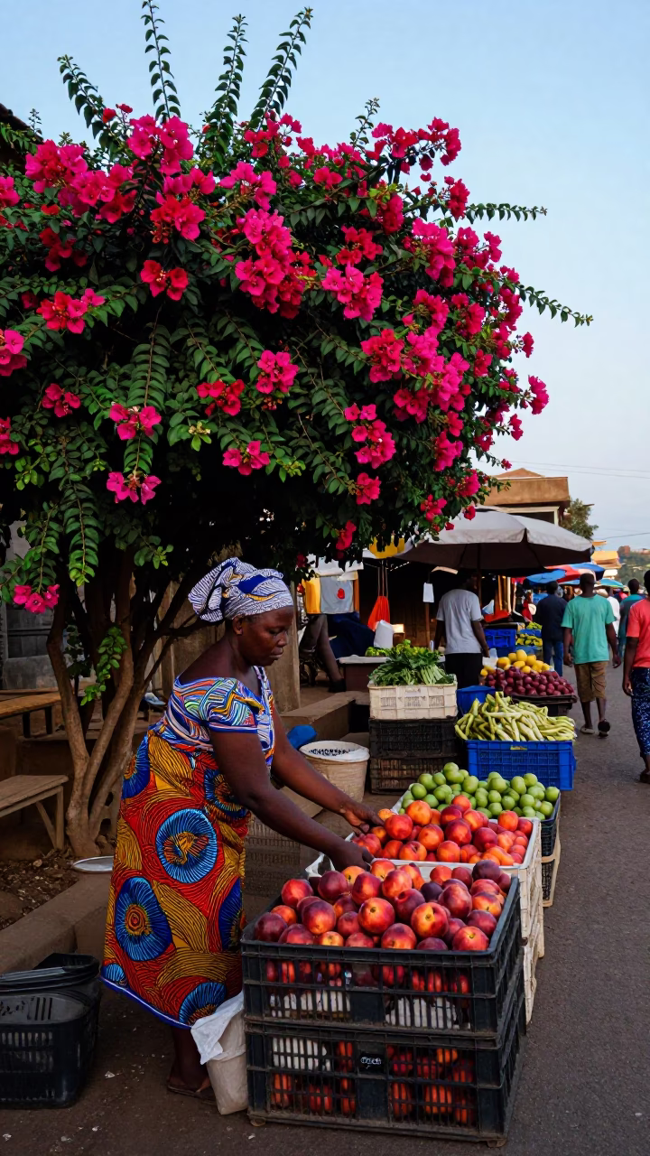 Nairobi Street Market Dawn Plumbago Hedge and Morning Produce in in Nairobi, Kenya
