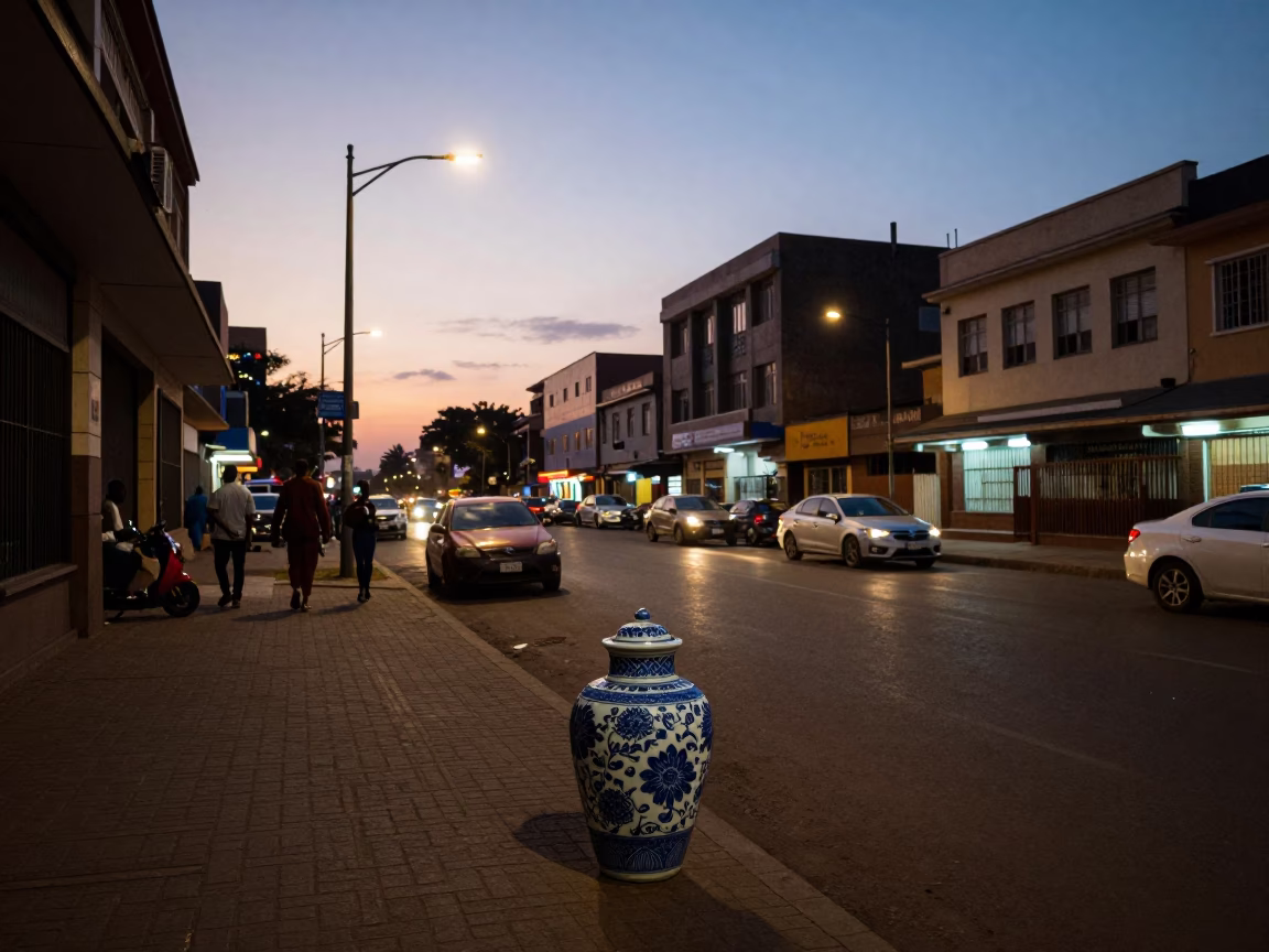 Nairobi Street Scene at Dusk with Porcelain Jar and Haze in in Nairobi, Kenya
