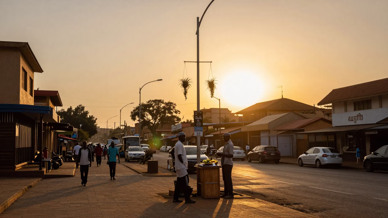 Nairobi Street Scene at Sunset with Hanging Air Plant and Vintage Majolica Plate in in Nairobi, Kenya