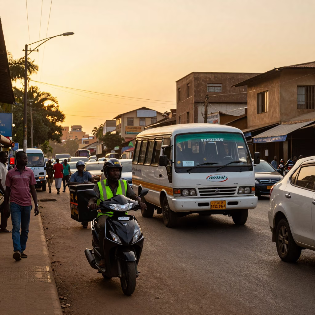 Nairobi Street Scene at Sunset with Scooter and Local Market Activity in in Nairobi, Kenya