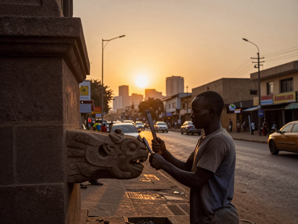 Nairobi street scene at sunset with stonemason chiseling gargoyle on cathedral scaffold in in Nairobi, Kenya