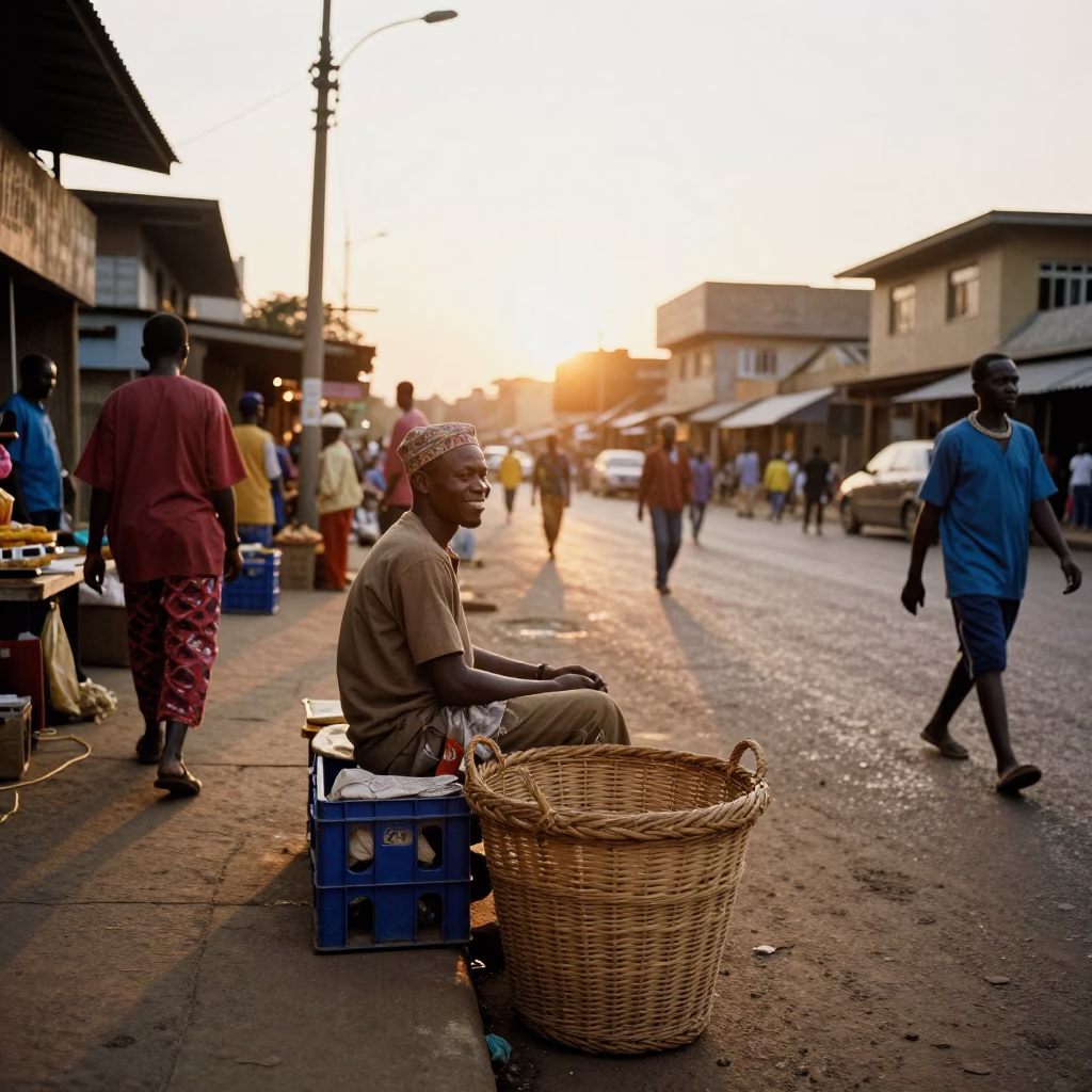 Nairobi Street Scene at Sunset with Vendor and Wicker Basket in in Nairobi, Kenya