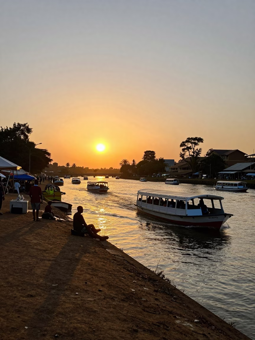 Nairobi Street Scene at Sunset with Water Taxi and Canal Houseboats in in Nairobi, Kenya