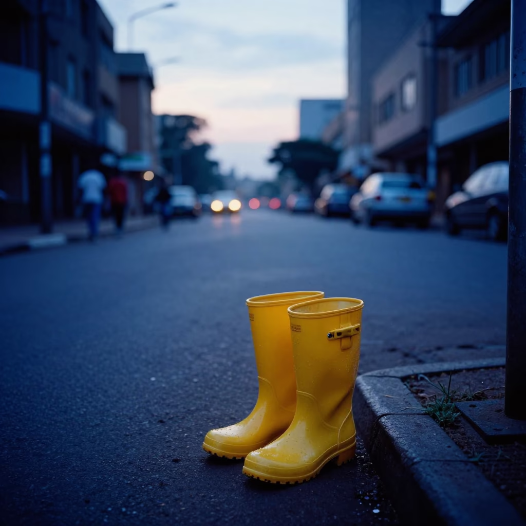 Nairobi Street Scene Before Sunrise with Rain Boots and Local Commerce in in Nairobi, Kenya