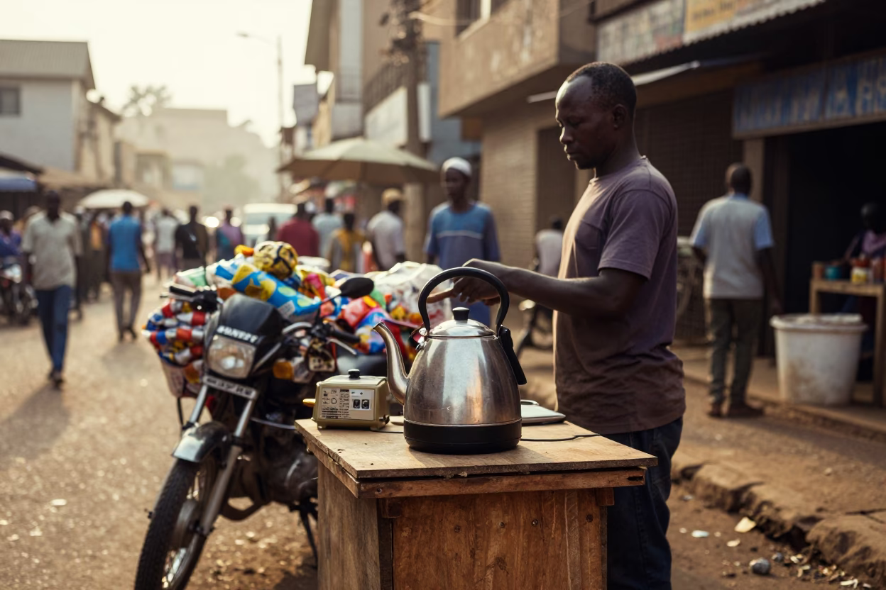 Nairobi Street Scene First Light with Local Vendor and Electric Kettle in 1960s Kenya in in Nairobi, Kenya