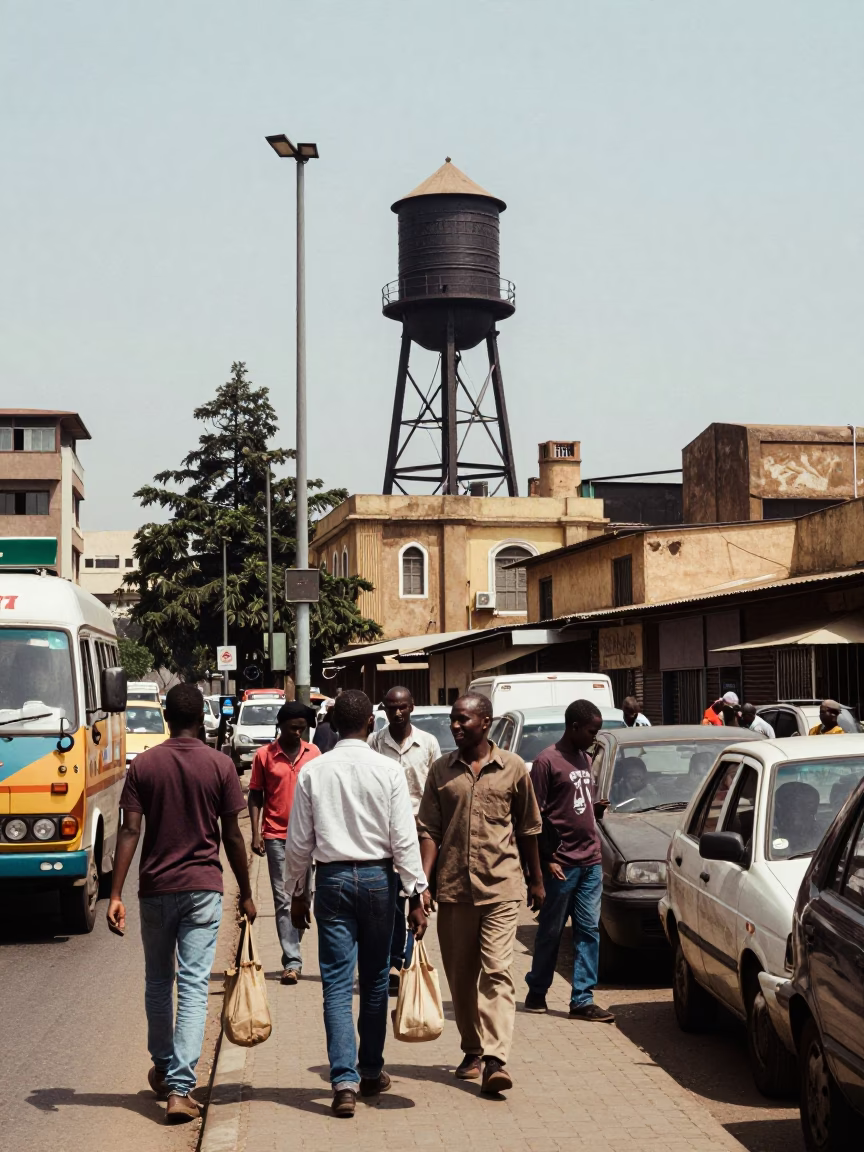 Nairobi Street Scene Midday Water Tower Rooftop and Busy Urban Life in in Nairobi, Kenya