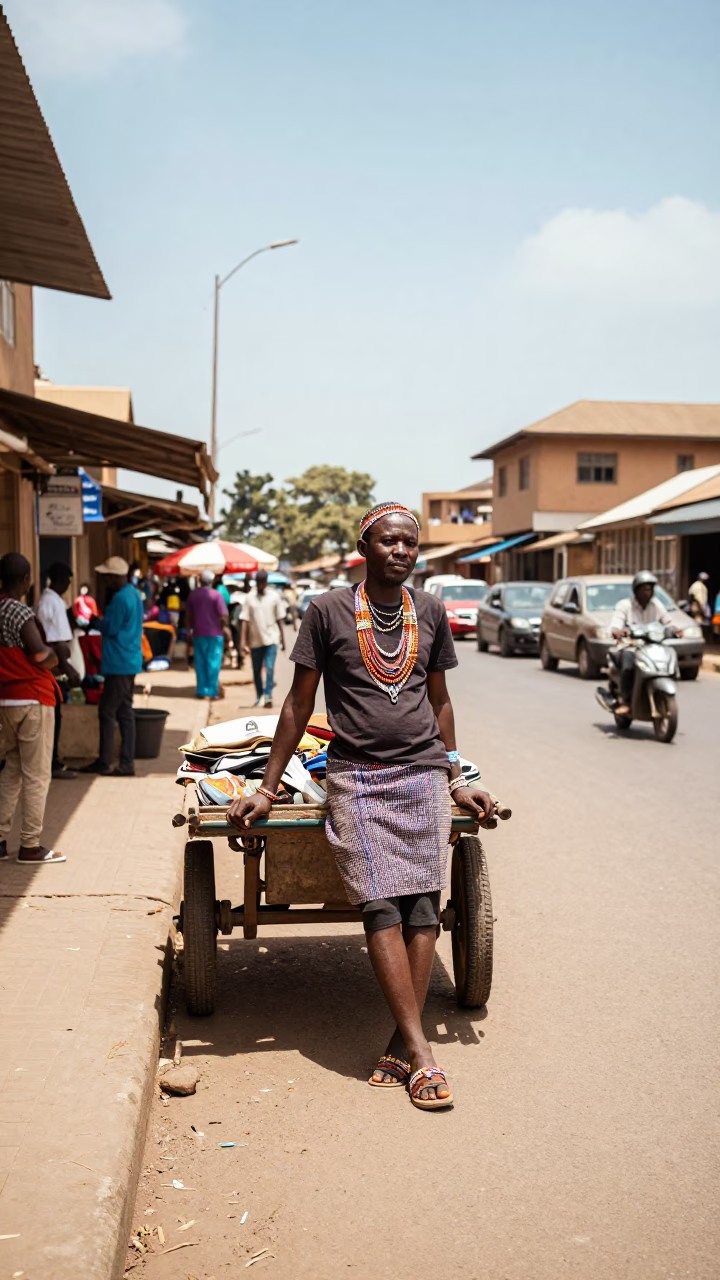 Nairobi Street Scene with Local Vendor and Traditional Beaded Sandals in Bright Midmorning Light in in Nairobi, Kenya