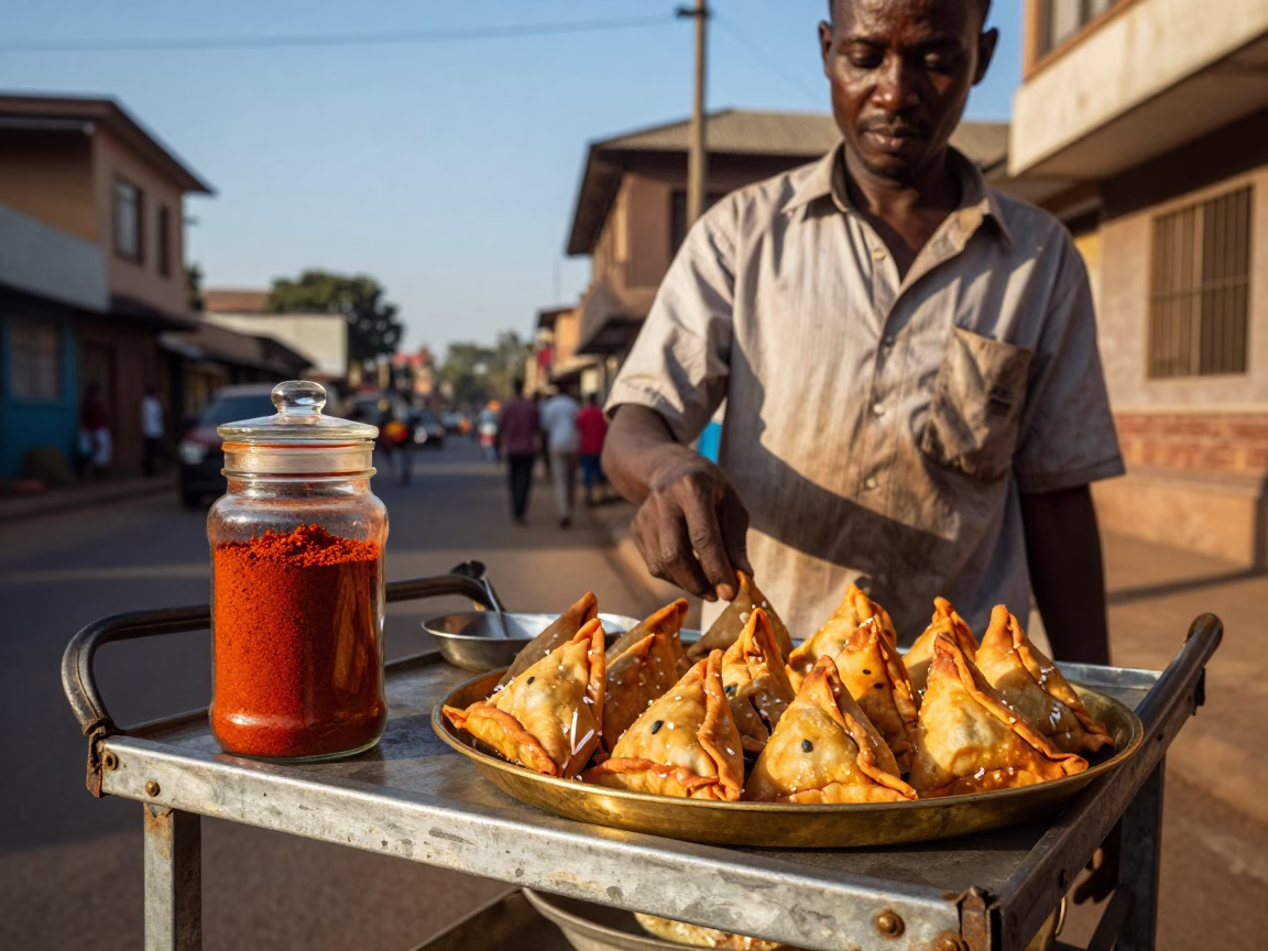 Nairobi Street Scene with Spice Jar and Samosas in Late Afternoon Light in in Nairobi, Kenya
