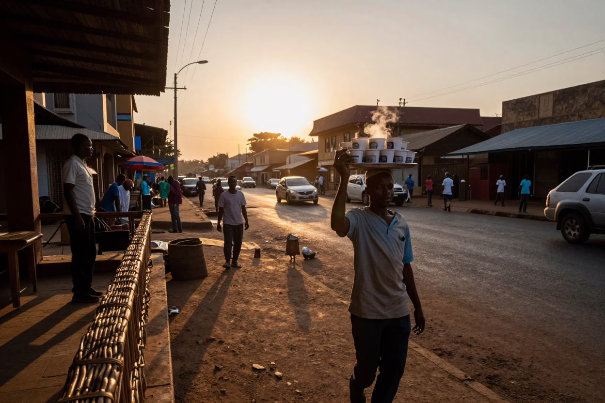 Nairobi street scene with wicker shadow on rail and tea vendor at sunset in in Nairobi, Kenya