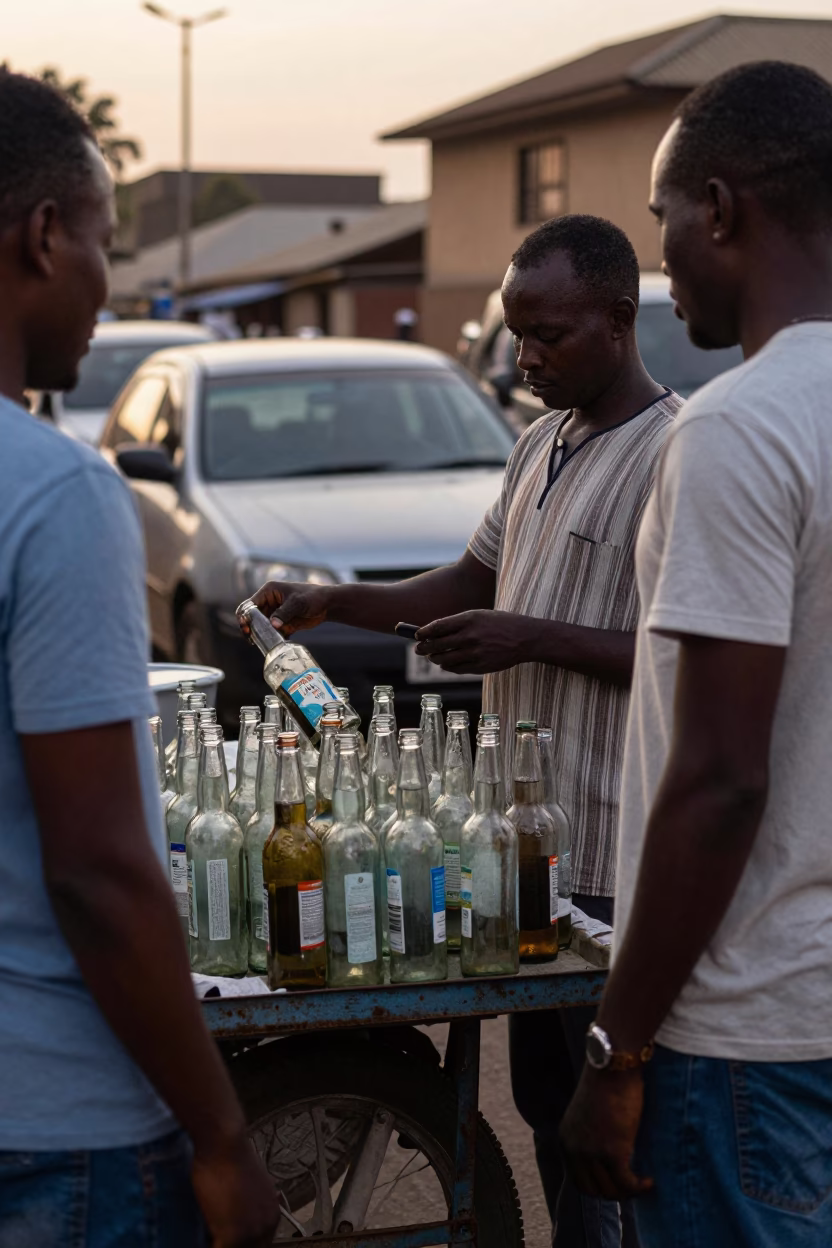 Nairobi Street Vendor Evening Trade with Glass Bottles and Local Snacks in in Nairobi, Kenya