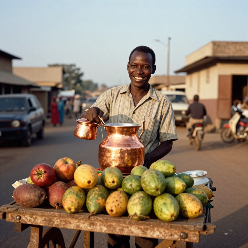 Nairobi Street Vendor Golden Hour Smile with Fresh Fruit and Copper Pot in in Nairobi, Kenya