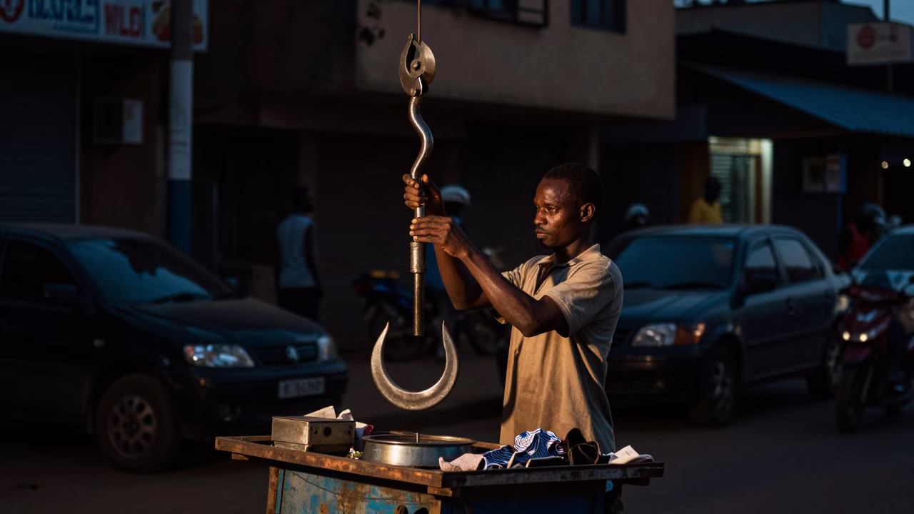 Nairobi street vendor predawn darkness iron hook and metal scales local market in in Nairobi, Kenya