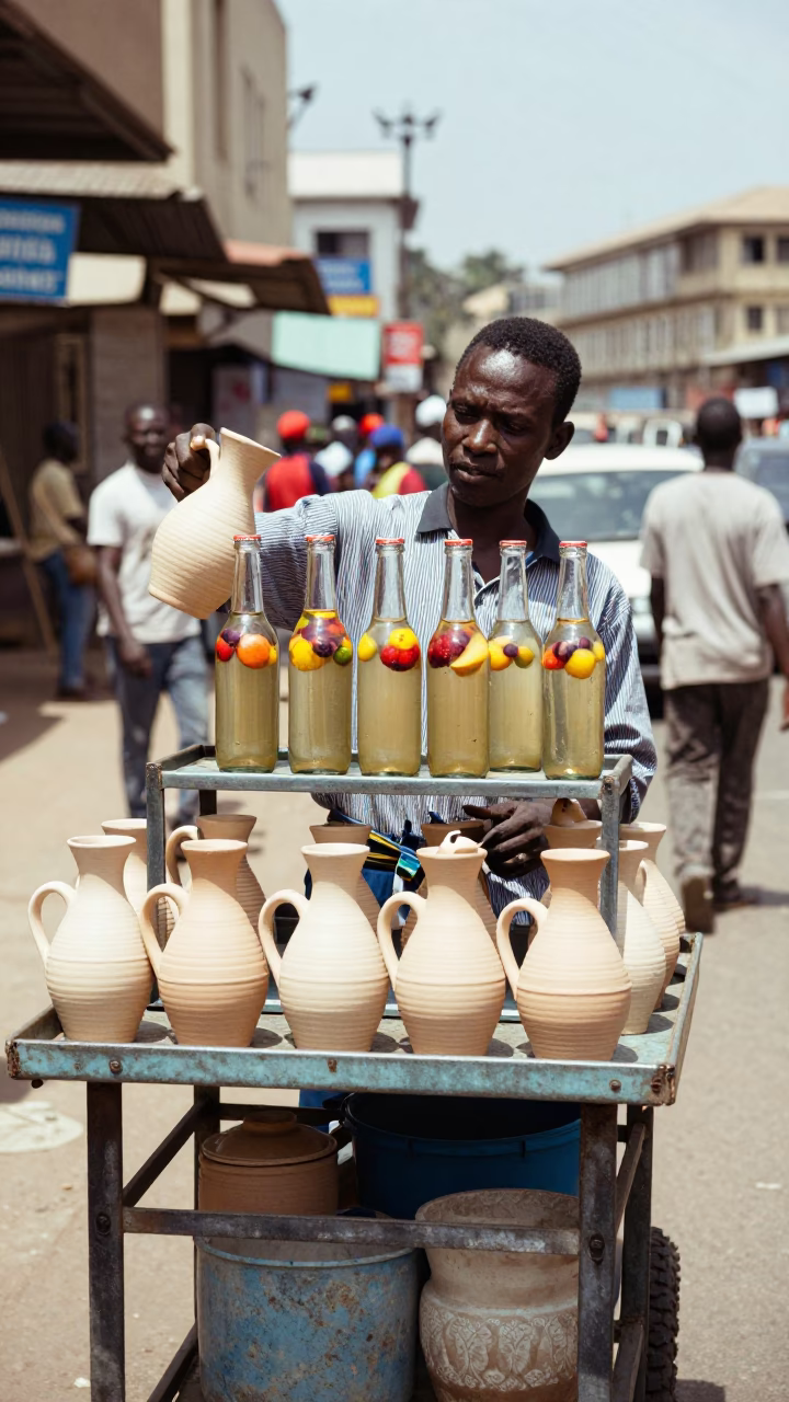 Nairobi Street Vendor Selling Ceramic Pitchers and Kombucha Under Bright Noon Sun in in Nairobi, Kenya