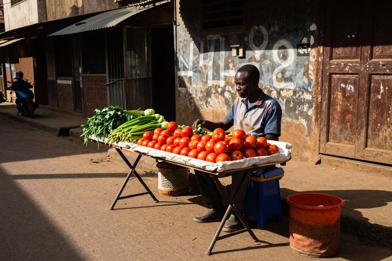 Nairobi street vendor selling fresh fruit from folding stools in early afternoon sunlight in in Nairobi, Kenya