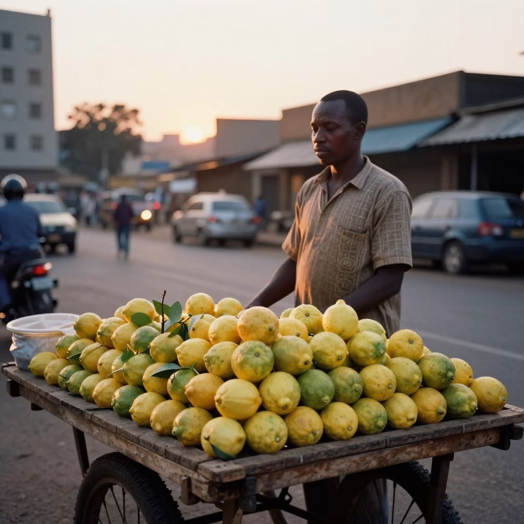 Nairobi Street Vendor Selling Fresh Lemons at Sunset with Maasai Mara Background in in Nairobi, Kenya